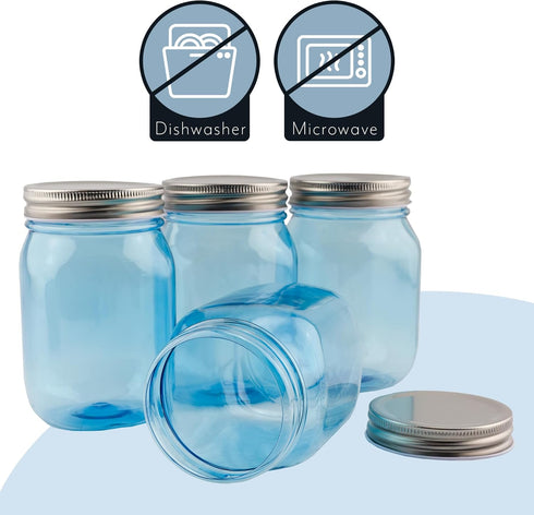 Cornucopia Brands 16oz Plastic Mason Jars, 8-Pack, Blue with Silver Metal Lids, BPA-Free, 2-Cup Capacity