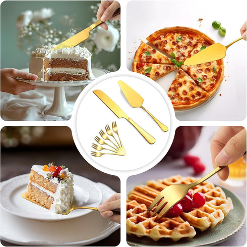 Cake Knife and Server Set with 6 Pcs Cake Forks, Wedding Cake Cutting Set for Parties (8 PCS, Gold)