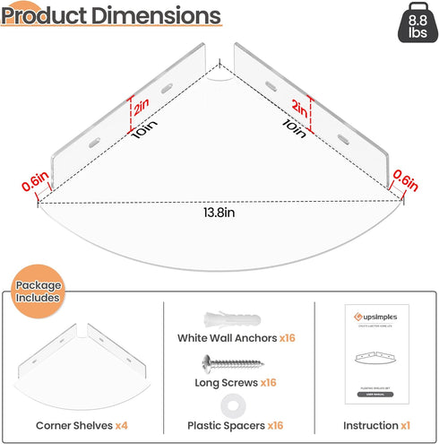 4 Pack 10 upsimples Acrylic Corner Floating Shelves, in Clear Hanging Shelves with Cable Management Design, Wall