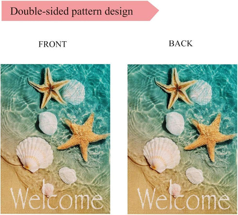 Welcome Beach Garden Flag, 12 x 18 Inch Double Sided Decorative Sea Flags with Starfish and Seashell for Outdoor Summer