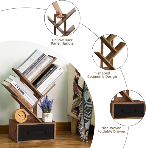 4-Tier Simple Deluxe Tree Bookshelf with Drawers, Compact Corner Bookcase with Storage Cabinet & Open Shelves, Rustic