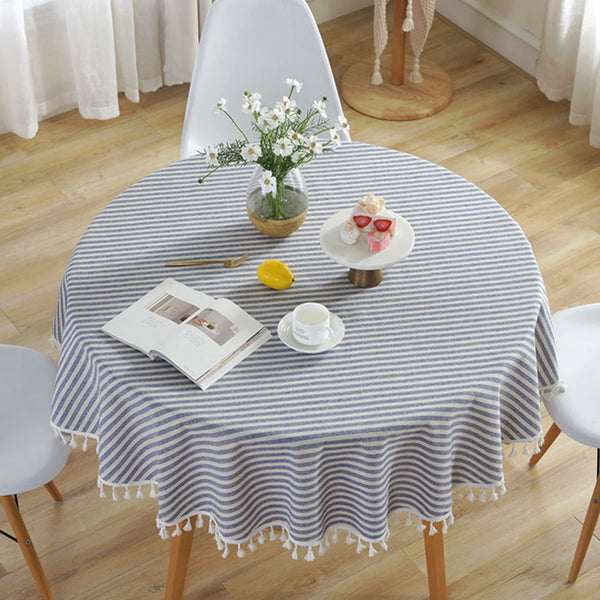 meioro Round Tablecloth Stripe Tassel Table Cloth Cotton Blend Dust-Proof Cover for