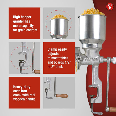 Victoria Manual High-Hopper Grain Grinder, Made in Colombia, Silver