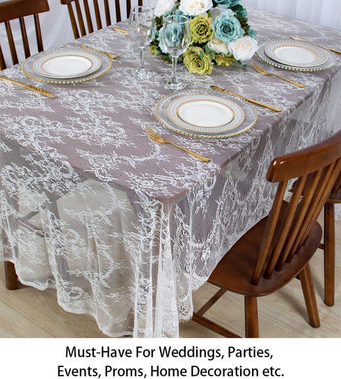 ShinyBeauty Lace Tablecloth Rectangular 60x120-Inch White Overlay for Tea Table, Floral Embroidery Lace