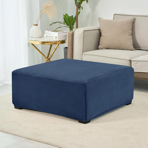 HFCNMY Ottoman Cover, Blue Medium - Stretch Velvet Square Slipcover for Living Room Storage Ottoman, Washable, Elastic