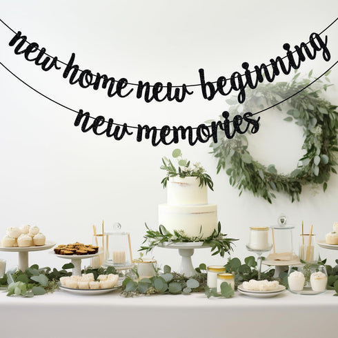 New Home New Beginning New Memories Banner, Housewarming Decoration for New Couple First Home, Black Glitter