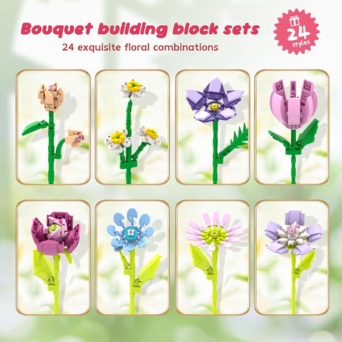 POATROZON 24Pcs Sets 8-12+ Valentine's Day Gifts Party Favor Gifts Flowers Bouquet Botanical Building Block Home Plant