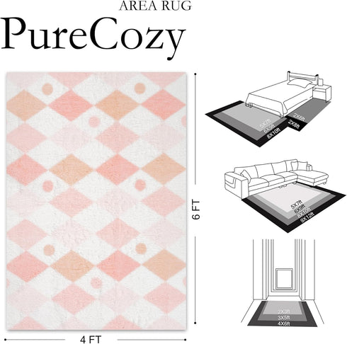 PureCozy 4x6 Pink Area Rug for Living Room Washable Non Slip Neutral Soft Bedroom Checkered Carpet Fluffy Modern Shag