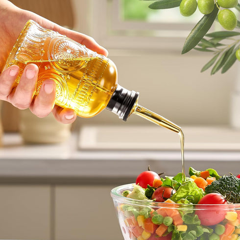 7OZ, Baalaka Glass Oil Bottles Olive Oil Dispenser Bottle for Kitchen with Metal Spout, Elegant Glass Cooking Dispenser