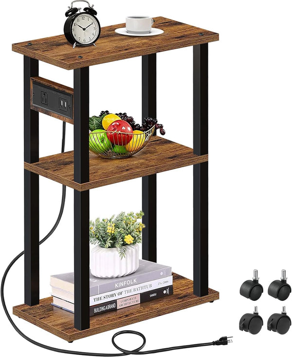 TUTOTAK Small Narrow Side Table with Charging Station, Skinny End Table for
