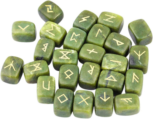 SUNYIK Natural Green Jade Rune Stones Set with Engraved Elder Futhark Alphabet, Polished Healing Crystals