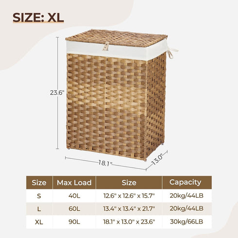 GREENSTELL Laundry Hamper - 90L Clothes Hamper with Lid, 2 Removable Liner Bags & 2 Mesh Laundry Bags, Handwoven