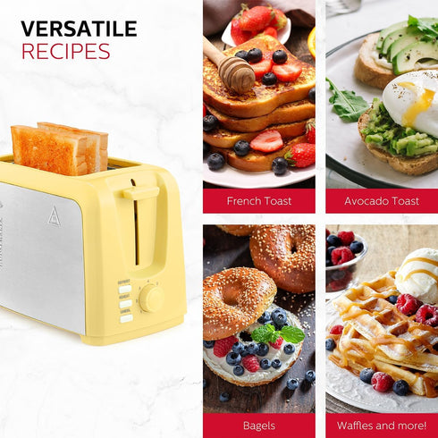 Holstein Housewares 2-Slice Toaster, Yellow/Stainless Steel with 7 Browning Control Settings for Bagels
