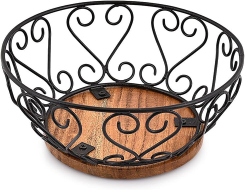 Iron Fruit Bowl with Wooden Base for Kitchen Countertop and Dining Room, 9" x 9" x 4"