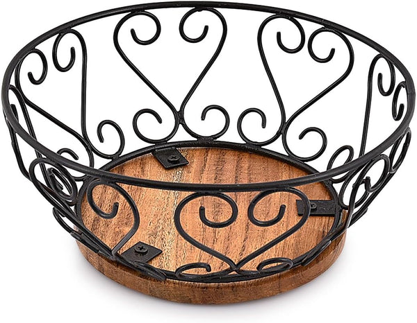 Iron Fruit Bowl with Wooden Base for Kitchen Countertop and Dining Room, 9" x 9" x 4"