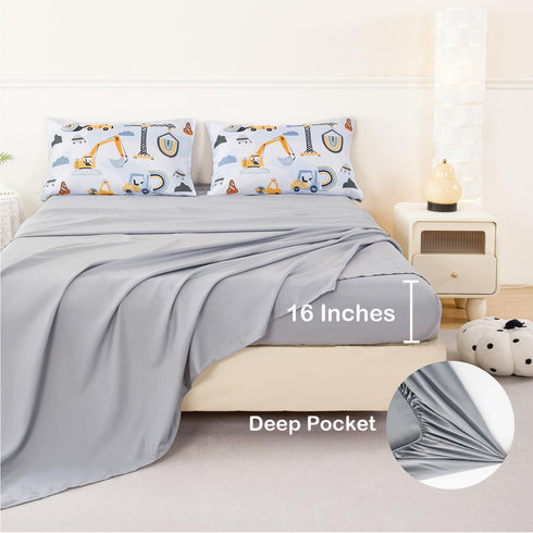 5 Set Set ANGIYUIN Pieces Construction Twin Size Comforter for Boys Kids Cartoon Car Excavator Tractor Bed in A Bag