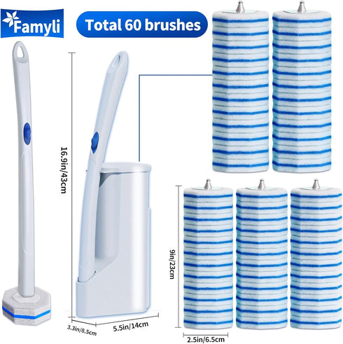 FAMYLI Set 60 Disposable Toilet Brush with Replacement Heads, Toilet Cleaning Replacement Pads, Starter Kit