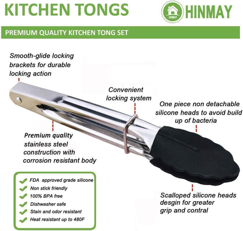 Mini Tongs with Silicone Tips, 7-Inch Kitchen Tongs, Set of 3 (Black)