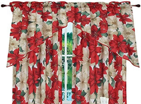 Violet Linen Decorative Christmas Printed Poinsettia Floral Design Kitchen Curtain Set, 3 Piece