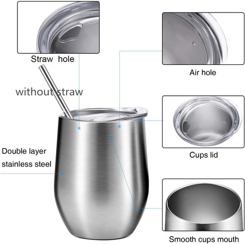 Stainless Steel Double Wall Insulated Wine Glasses with Lid for Coffee, Drinks, Champagne, Cocktails