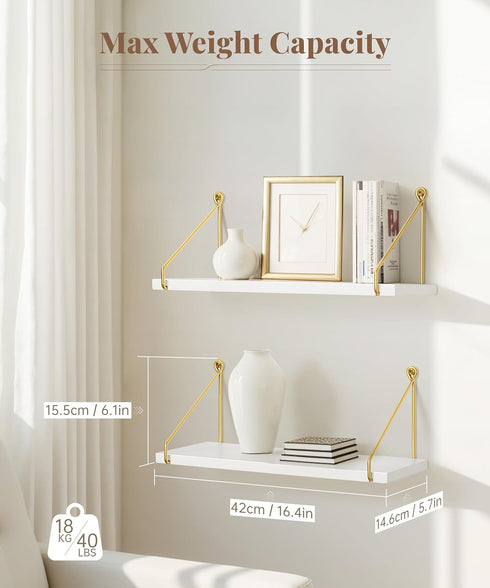 Set 2 Afuly Floating Shelves for Wall, Metallic Gold White Wall Mounted Shelves, Shelves for Bathroom Kitchen Bedroom