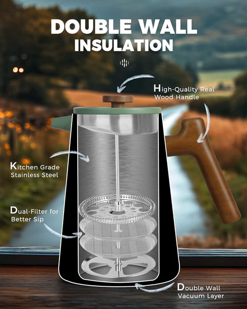 34 oz JX2025-XFPN POLIVIAR French Press Coffee Maker, Coffee Press with Real Wood Handle, Double Wall Insulation