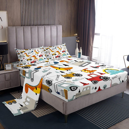 Feelyou Construction Sheet Set Kids Cartoon Dinosaur Sheets with Deep Pocket Fitted