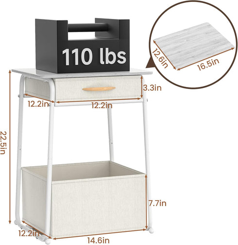 3-Tier Olldide Bedside Table with Storage, Modern Square Nightstand with Fabric Storage Basket & Drawers