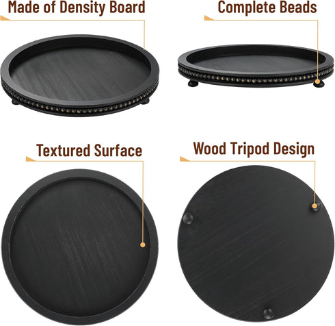 12", Bamboo Land- Round Decorative Trays for Coffee Table, Black, Wood Tripod & Beaded Design, Wooden Round Tray