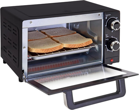 Total Chef 4 Slice Toaster Oven, Compact Kitchen Appliance for Pizza, Bake, Toast, Broil, Black and Stainless Steel