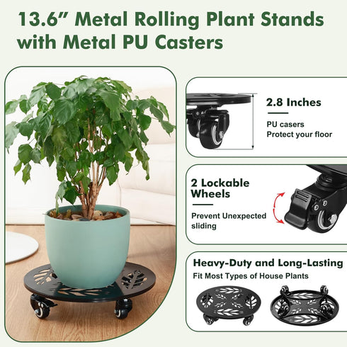 2 Packs 12 Inch Planterhoma Rolling Plant Stand with Wheels Metal Plant Caddy with Wheels Heavy Duty Plant Rollers