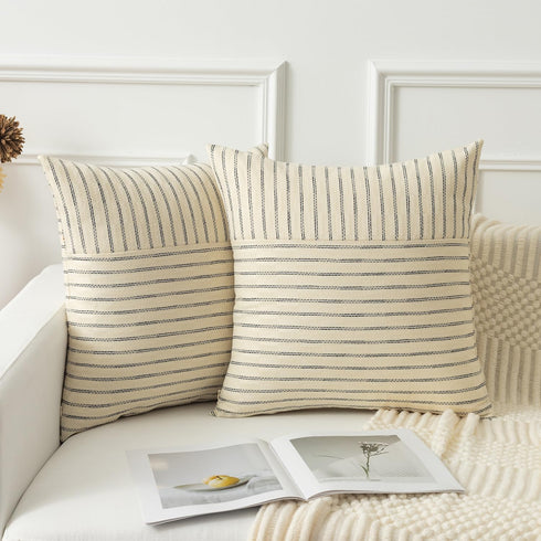 24x24, Set 2, Kevin Textile Farmhouse Pillow Covers Modern Accent Square Throw Pillow Covers of Beige and Black Striped