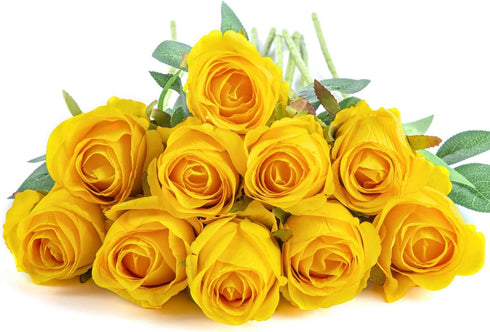 Flojery 10pcs Artificial Rose Flowers, Long Stem Fake Silk Roses for DIY Wedding Bouquet & Home Decor (Yellow)