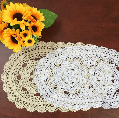 Hetao 11X19 Inch 100% Doilies-2pc Cotton Handmade Lace Crochet Oval Table mats Placemats Doily Beige