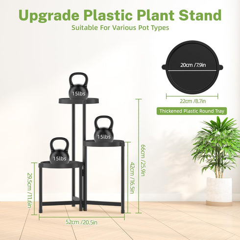 3 iDavosic.ly Tier Folding Plant Stand Indoor Outdoor with Plastic Tray, Tiered Corner Flower Holder Shelf, Metal