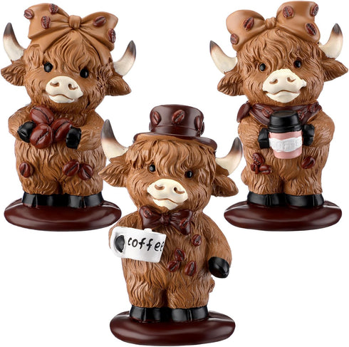 Foilswirl 3 Pcs Coffee Highland Cow Figurines for Book Shelf Desk Decor, Highland