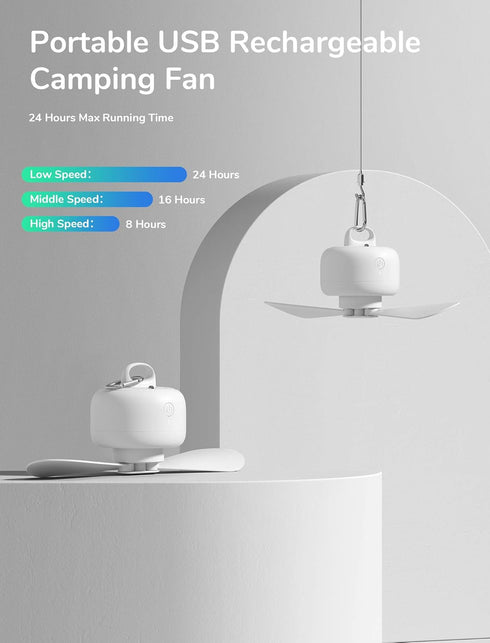 JISULIFE Portable Camping Fan, 8000mAh Battery Operated with Remote Control, 4 Speeds, Detachable Blades, White