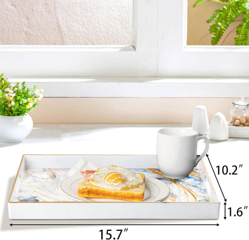 15.8" 11.8" 1.6" MAONAME Rectangular Decorative Tray, Modern White Serving Tray with Handles, Marbling Plastic Trays