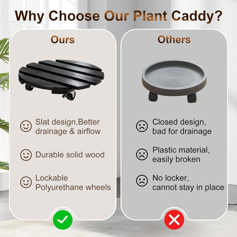 2 Pack 13'' 300Lbs 360Lockable Plant Caddy with Wheels Rolling Plant Stand Indoor Outdoor, Heavy Duty Wooden Plant