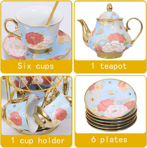 CHANJOON Set, Sets Set 6 Gold Plated Red Rose Ceramic Tea Vintage Tea with Teapot, Beautiful Tea Coffee Serving People