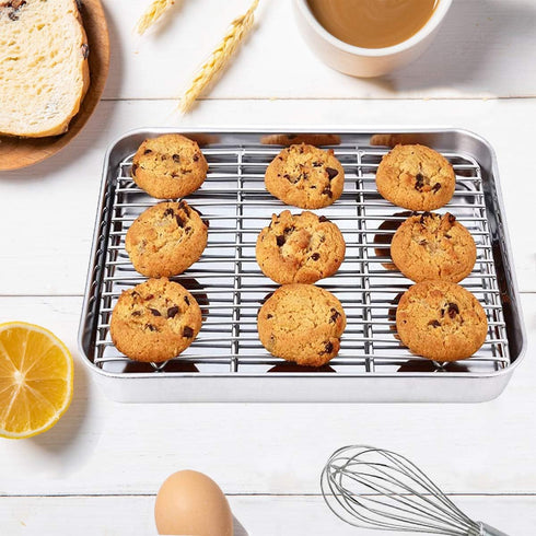Wildone Baking Sheet with Rack Set, 2 Sheets + 2 Racks, Stainless Steel Cookie Pan, Non Toxic, Heavy Duty, Easy Clean