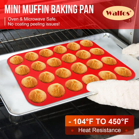 Walfos Silicone Cupcake Pan Set, 2-Piece Mini Muffin Baking Pan, 24 Cups, BPA Free, Non-stick, Dishwasher Safe