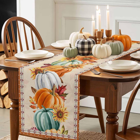 LooPoP 13x120 Inches Thanksgiving Fall Pumpkin Table Runners Maple Leaf Orange Lattice Long Washable Table Runner