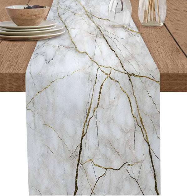 PIEPLE Marble Table Runner-Cotton Linen-Long 120 inche White Gray Gold Dresser Scarves,Texture Tablerunner