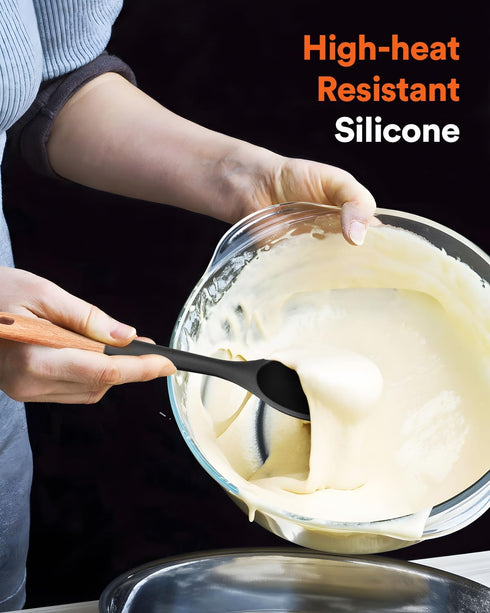 Large Silicone Cooking Spoons, Nonstick Solid Wooden Handle, Heat Resistant Kitchen Spoons for Cooking & Serving