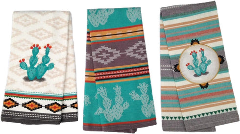 Simply Southwest Set of 3 Colorful Cactus Kitchen Towels - Woven Jacquard Pattern Design