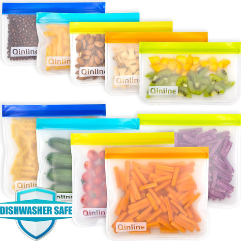 Reusable Food Storage Bags, 10 Pack Dishwasher Safe Freezer Bags, BPA Free Silicone, Leakproof for Travel