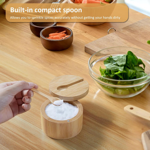 OUTNILI 360 7 Salt Box Bowl with Lid and Spoon - Bamboo Salt Cellar with Swivel Lid - Salt Container Holder for Sea