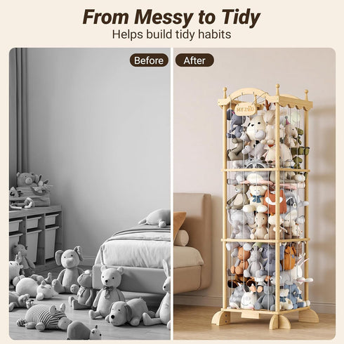 70+ COSYLAND Large Stuffed Animal Storage Organizer for Kids, Wooden Plush Toy Holder with Top Rope Clips, Elastic