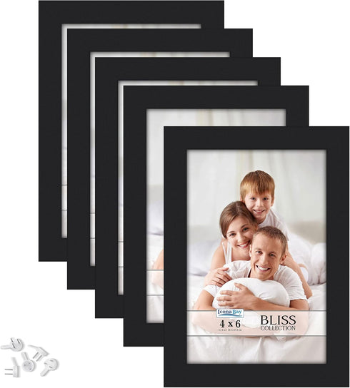 Icona Bay 4x6 Picture Frames (Black, 5 Pack), Modern Style Wood Composite Frames for Table Top or Wall Mount